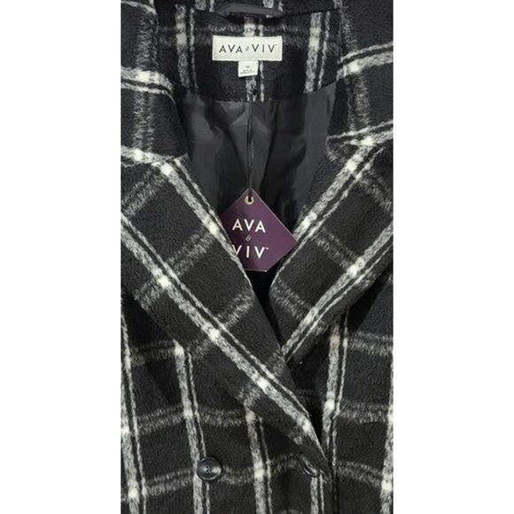 Ava & Viv Women's 4X Black & White Plaid Double Breasted Knee Length Overcoat - Picture 3 of 6